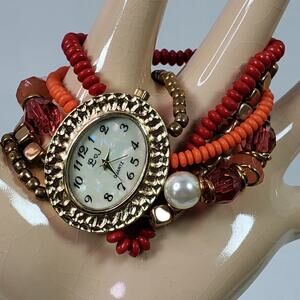L & J Beaded Statement Wristwatch Multi Strand Red Pink Gold Tone
